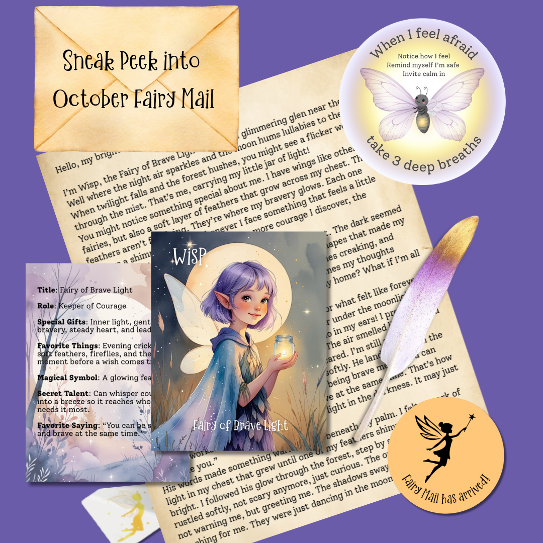 Fairy-themed items including a card with a fairy, an envelope, and a feather on a purple background.