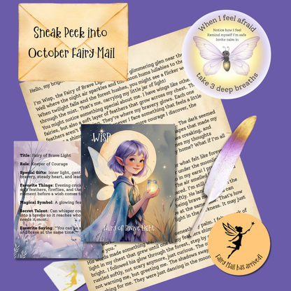 Fairy-themed items including a card with a fairy, an envelope, and a feather on a purple background.
