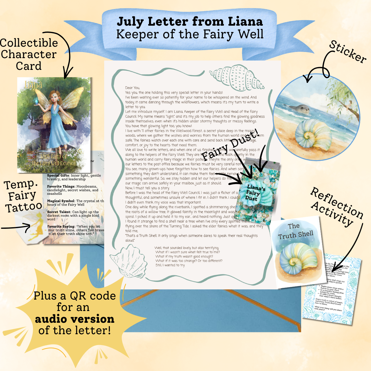 July Fairy Letter from Liana, Keeper of the Fairy Well, with collectible character card, temporary fairy tattoo, sticker, reflection activity, and QR code for audio version.